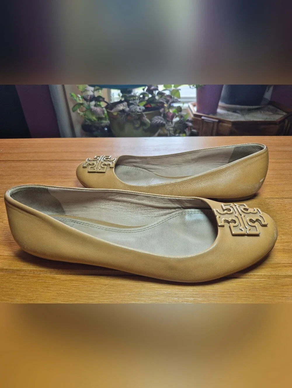 Tory Burch Leather Ballet Flats with Decorative Emblem - Size 8